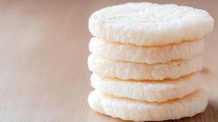 Stack of four round, white cookies on a wooden surface. the cookies appear to be freshly baked and have a smooth texture.