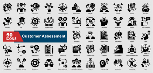 Customer Assessment Icon Collection Set. Service, Proactive , Convenience, Rating, Credibility, Responsibility, Customer Needs cash icon. Black Style Vector Ilustration