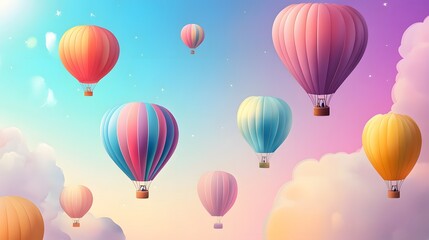 Colorful hot air balloons float in a dreamy sky