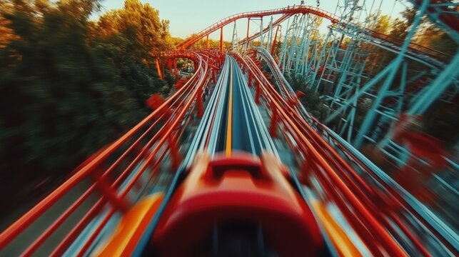 Thrilling perspective of roller coaster ride with intense motion blur effect