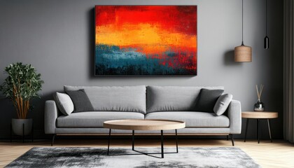 Sofa, coffee table, and painting on the wall in a Scandinavian living room interior with a gray sofa mock-up