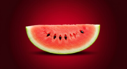 A juicy watermelon slice, a summer's day dream, vibrant red against a deep crimson background.