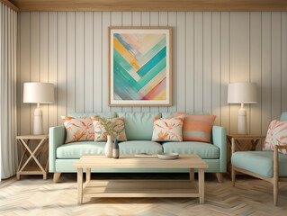 Modern minimalist living room interior with wall panelling in light wood colors and mint sofa. Living room with wall panels, couch and simple minimalist decor