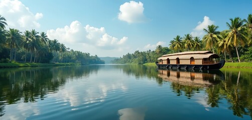 Serene backwaters Kerala India. Calm water canal. Tropical landscape. Houseboat on lake surrounded by palm trees. Blue sky clouds. Tranquil scenic peaceful waterfront. Summer vacation resort, nature,
