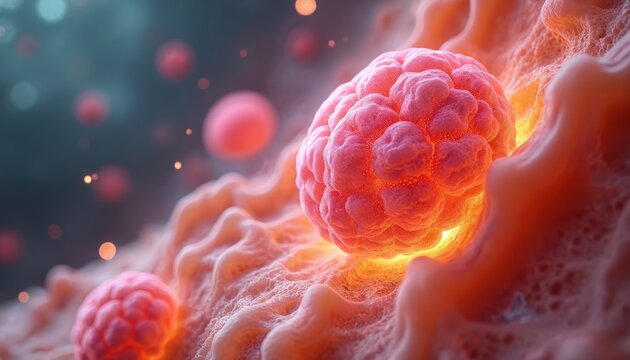 3D render of early-stage breast cancer tumor forming in ductal system. Illustration shows microscopic view of cells, disease. Concept medical, healthcare, research, oncology, awareness, diagnosis,