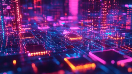 Fototapeta premium Vibrant neon circuit city glows with futuristic technology design.