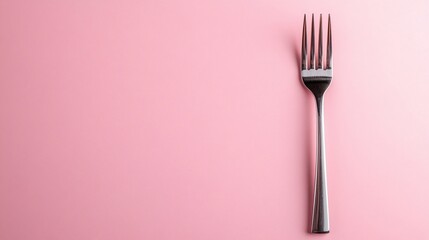 Single fork shines against a rosy pink surface, minimal and clean shot