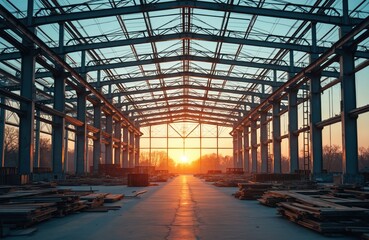 Steel structure building construction site at sunset. Modern industrial architecture, construction engineering, real estate development. Building frame, beams, columns, industrial background at