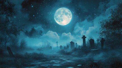 A haunting yet beautiful graveyard scene under a full moon surrounded by wisps of mist and starlit skies, evoking deep emotions of tranquility. Starlit Wisps. Illustration