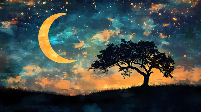 A silhouetted tree stands against a backdrop of a vibrant stylized crescent moon and starlit night sky with wisps of cloud and brushstroke texture. Starlit Wisps. Illustration