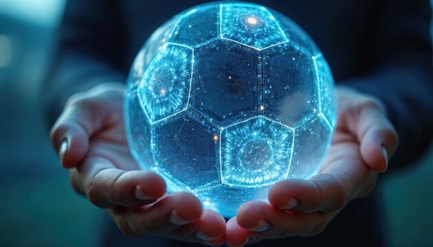 Hands hold glowing digital soccer ball. Futuristic tech sports gaming concept. Digital soccer ball with glowing pattern in hands innovation, digital transformation. Visualizes tech in sports.