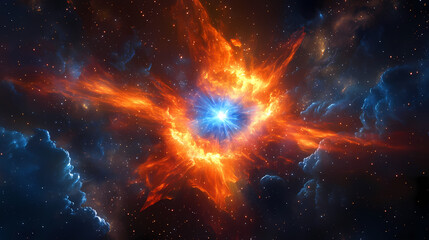 An imaginative depiction of a cosmic burst, featuring radiant colors of orange and blue, blending with wisps of clouds set against a dark starlit background of space. Starlit Wisps. Illustration