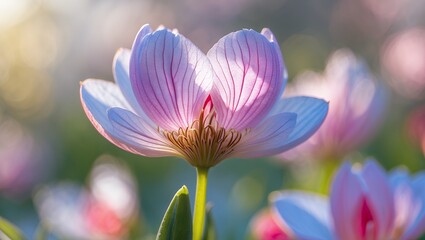Fototapeta premium Close-up view of a light pink flower with detailed striped petals, sunlit
