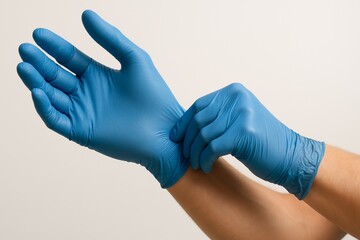 Hands putting on blue latex gloves against a neutral background  