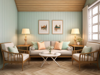 Fototapeta premium Modern minimalist living room with wall panelling in mint color and mint color accents in interior. Living room with wall panels, couch and simple minimalist decor