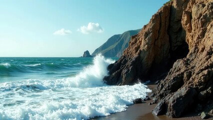 Obraz premium Ocean Waves Crashing Against Rocky Coastline Near a Hidden Sea Cave Under a Sunny Sky