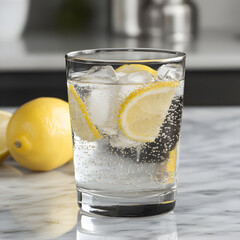 Refreshing glass of sparkling water with lemon slices and ice