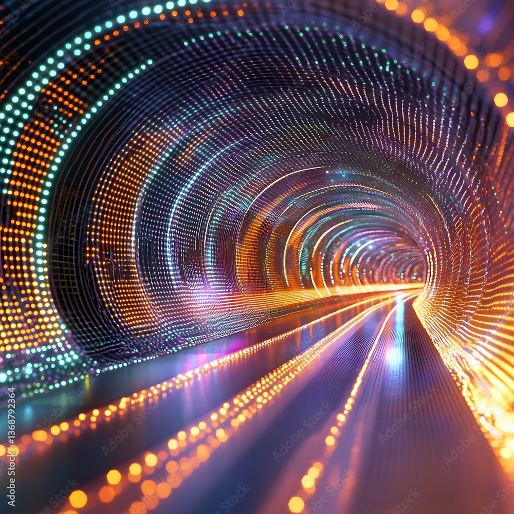 Poster futuristic tunnel with vibrant lights and swirling patterns. a digital tunnel illuminated with conce