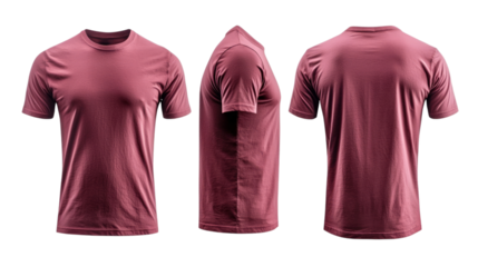 Png of A maroon unisex t-shirt displayed from multiple angles showcasing its fit and design on transparent background.
