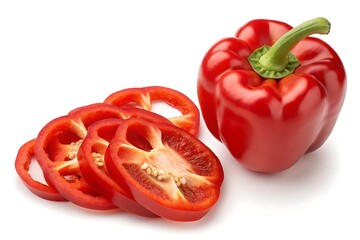 Fresh red bell pepper and slices isolated on white background