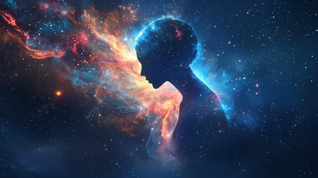 Mystical cosmic connection human silhouette merging with starlit galaxy in abstract universe. Starlit Wisps. Illustration