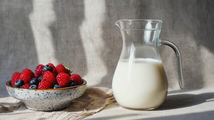 Fresh berries with creamy milk in a beautifully styled breakfast setting