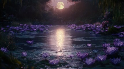 Magical pond with purple water lilies under the light of the full moon.