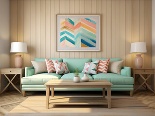 Modern minimalist living room interior with wall panelling in light wood colors and mint sofa. Living room with wall panels, couch and simple minimalist decor