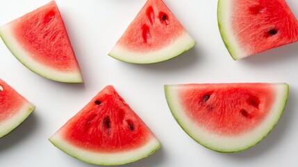 Sliced watermelon sections scattered on a white surface, brightly illuminated