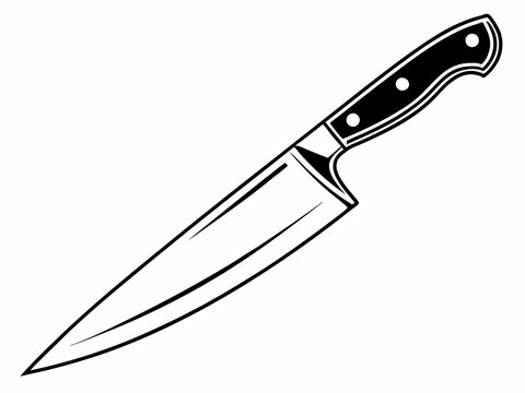 Elegant chef knife vector drawing with sleek long blade and curved handle in black and white style

