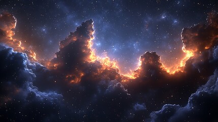 Fiery clouds and stars in a dark night sky.