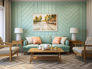 Modern minimalist living room with wall panelling in mint color and mint color accents in interior. Living room with wall panels, couch and simple minimalist decor