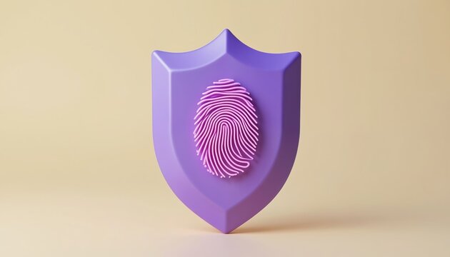 3D render of purple shield with pink fingerprint motif. Represents digital security, access control, biometric authentication. Concept safe, secure access, online protection, data security, personal