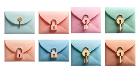 Colorful Locked Envelopes with Keys for Secure Communication, PNG bundle collection, Isolated on Transparent Background