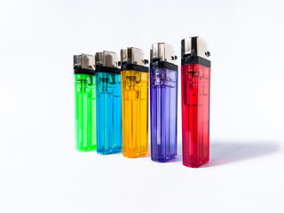 colorful cigarette gas lighters on white