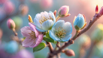 Obraz premium Delicate blossoms in pastel hues, with buds, on branch, sunlight in background