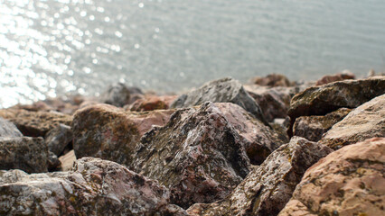 Stones on the shore of Lake Villeneuve-de-la-Raho, France, close-up, vacation, holidays, nature of Europe, water