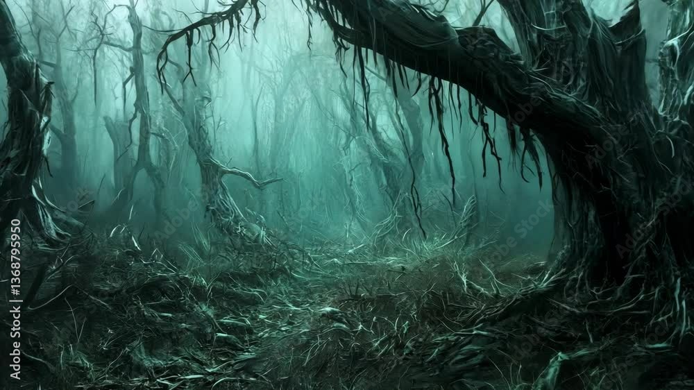 Wall mural mysterious forest with twisted trees and fog in an eerie atmosphere during twilight hours