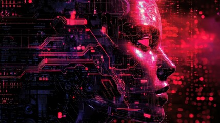 A captivating profile of a futuristic female character, illuminated by vibrant red lights and intricate circuitry, symbolizing the blend of beauty and technology.