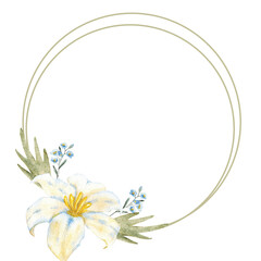 Round frame of white flower and green leaves. Watercolor illustration. Isolated. Template for first communion, baptism, wedding greeting cards, invitation, save the date, birthday. Copy space