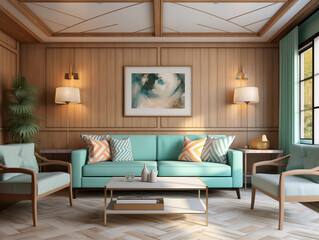 Modern minimalist living room interior with wall panelling in light wood colors and mint sofa. Living room with wall panels, couch and simple minimalist decor