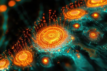 An abstract representation of a complex network, glowing with vibrant orange and teal, suggesting connections and data flow in a digital landscape.