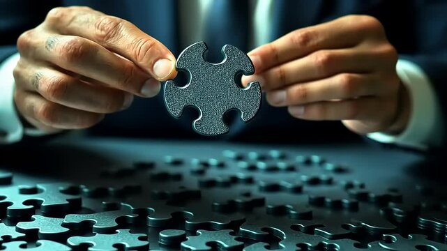 A businessman carefully placing a puzzle piece on a table covered with scattered pieces, symbolizing problem-solving and strategy