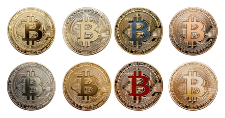 Variety of Bitcoin Coins in Different Colors and Styles Displayed, PNG bundle collection, Isolated on Transparent Background