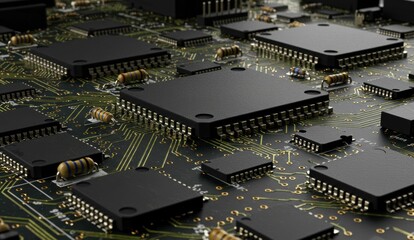 Close-up of microchips and electronic components on circuit board. Represents technology and innovation.