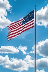 Obraz premium American Flag Waving Against a Blue Sky with White Clouds