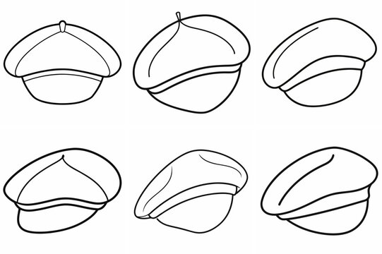 Beret Cap Outline Coloring Book Page Line Art Drawing Set on White Background