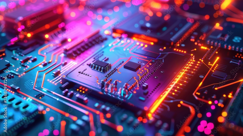 Poster explore a vibrant abstract graphic design showcasing computing technology with intricate circuit pat