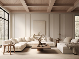 Modern minimalist living room interior with wall panelling in light colors and light color interior. Living room with wall panels, couch and simple minimalist decor