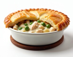 Chicken pot pie in white ceramic bowl on wooden base. Golden crust covers chicken and vegetables in creamy sauce. Top view, isolated, ready-to-eat dish for lunch or dinner.
